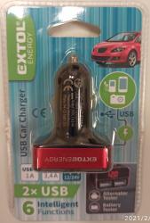 autós töltő, szivargyujtó / dupla USB, 1,0A+3,4A/ 37W, kábel nélkül