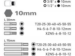 BIT klt. 40 db HEX-TORX-XZN, 10mm, adapter 3/8" és 1/2", CrV, m?anyag dobozban