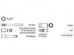 dugókulcs klt., CV., racsnis 45fog ; 1/2" 24db, 10-32mm, fém doboz