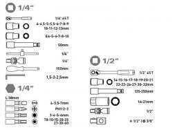 dugókulcs klt., CV., racsnis 45fog ; 1/4" és 1/2", 65db, dugófejek (4-32mm), bitek, fém doboz