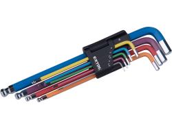 imbuszkulcs klt., 9db, HEX, több színű, extra hosszú, gömbfej, H 1,5-10mm, S2, krómozott