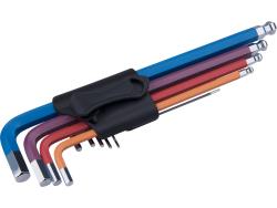 imbuszkulcs klt., 9db, HEX, több színű, extra hosszú, gömbfej, H 1,5-10mm, S2, krómozott