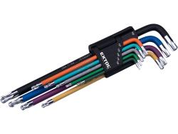 torx kulcs klt., 9db, több színű, extra hosszú, T10-T50, hosszú szár: tömör/gömbfej, rövid szár: lyukas, S2, krómozott