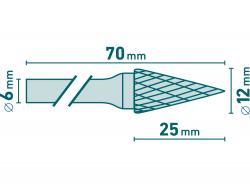 keményfém turbómaró (rotormaró), kúpos, hegyes orrú, 12×25mm átmér?/ 6mm szár, keresztfogazás