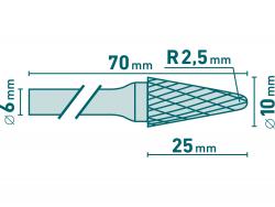 keményfém turbómaró (rotormaró), kúpos, kerek orrú, átmér? 10×25mm/szár 6mm, keresztfogazás