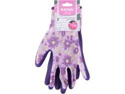 kerti kesztyű, virágmintás, poliészter, méret: 8` latexbe mártott teny. és ujjhegy., gumírozott mandzsetta, Extol Lady