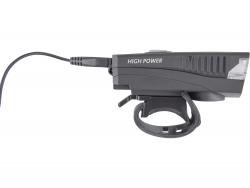 LED lámpa, kerékpár, első, fehér 5 W LED; 350 Lm, ABS ház, USB újratölthető beépített Li-ion akku, 1,2 Ah, duda