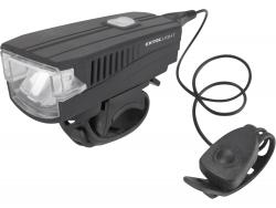 LED lámpa, kerékpár, első, fehér 5 W LED; 350 Lm, ABS ház, USB újratölthető beépített Li-ion akku, 1,2 Ah, duda