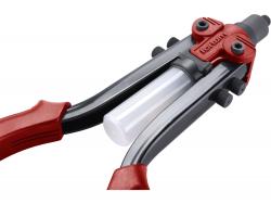 popszegecshúzó fogó, kétkaros, ALU, réz, acél, INOX szegecsekhez; 2,4-6,4mm, 330mm, CrVMo fej, szegecsvég gy?jt?