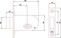 Reteszzár, bevéső, duplatollú, 45mm×25mm, 2 kulccsal,  (patkózár), Flame