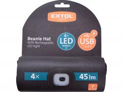 sapka, fekete, kötött, kivehet? LED homloklámpával, 4×45 Lumen; USB tölthet? Li-ion, 3funkció (100%-75%-50% fénye.)