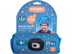 sapka, gyerek, kék, kötött, kivehet? LED homloklámpával, 4×25 Lumen; USB tölthet? Li-ion, 3funkció (100%-75%-50%)