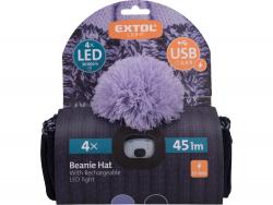 sapka, kék/lila pomponnal, kötött, kivehet? LED homloklámpával, 4×45 Lumen; USB tölthet? Li-ion, 3funkció (100%-75%-50%)