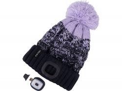sapka, kék/lila pomponnal, kötött, kivehető LED homloklámpával, 4×45 Lumen; USB tölthető Li-ion, 3funkció (100%-75%-50%)