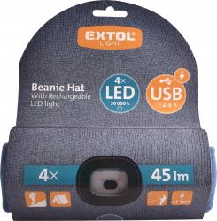 sapka, kék, kötött, kivehet? LED homloklámpával, 4×45 Lumen; USB tölthet? Li-ion akku, 3 funkció (100%-75%-50% fényer?)