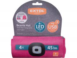 sapka, szürke/pink, kötött, kivehet? LED homloklámpával, 4×45 Lumen; USB tölthet? Li-ion, 3funkció (100%-75%-50% fénye.)