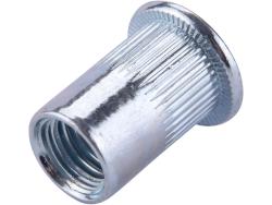 szegecsanya klt. 20 db, M10, POP-NUT, horganyzott acél, kerek, nyitott, lapos peremű, rovátkolt FORTUM