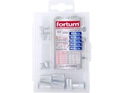 szegecsanya klt. 40 db, M3-M8, POP-NUT, horganyzott acél, kerek, nyitott, lapos peremű, rovátkolt FORTUM