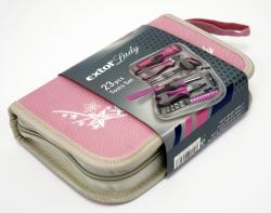 szerszámkészlet, 23db, 1/4"; Extol Lady, rózsaszín, 4 dugófej (6-12mm), fogók, csavarhúzó markolat, mér?szalag, BIT-ek